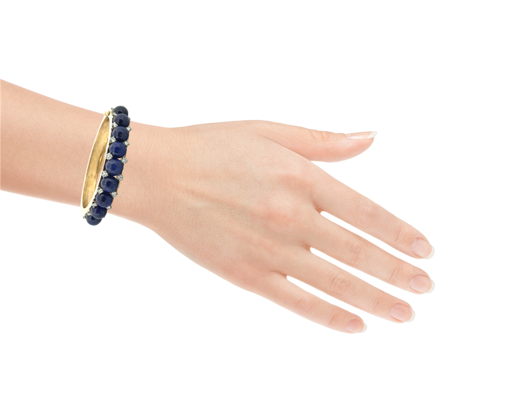 1.00 CTW Diamond & Lapis Bangle Bracelet 14K Yellow Gold