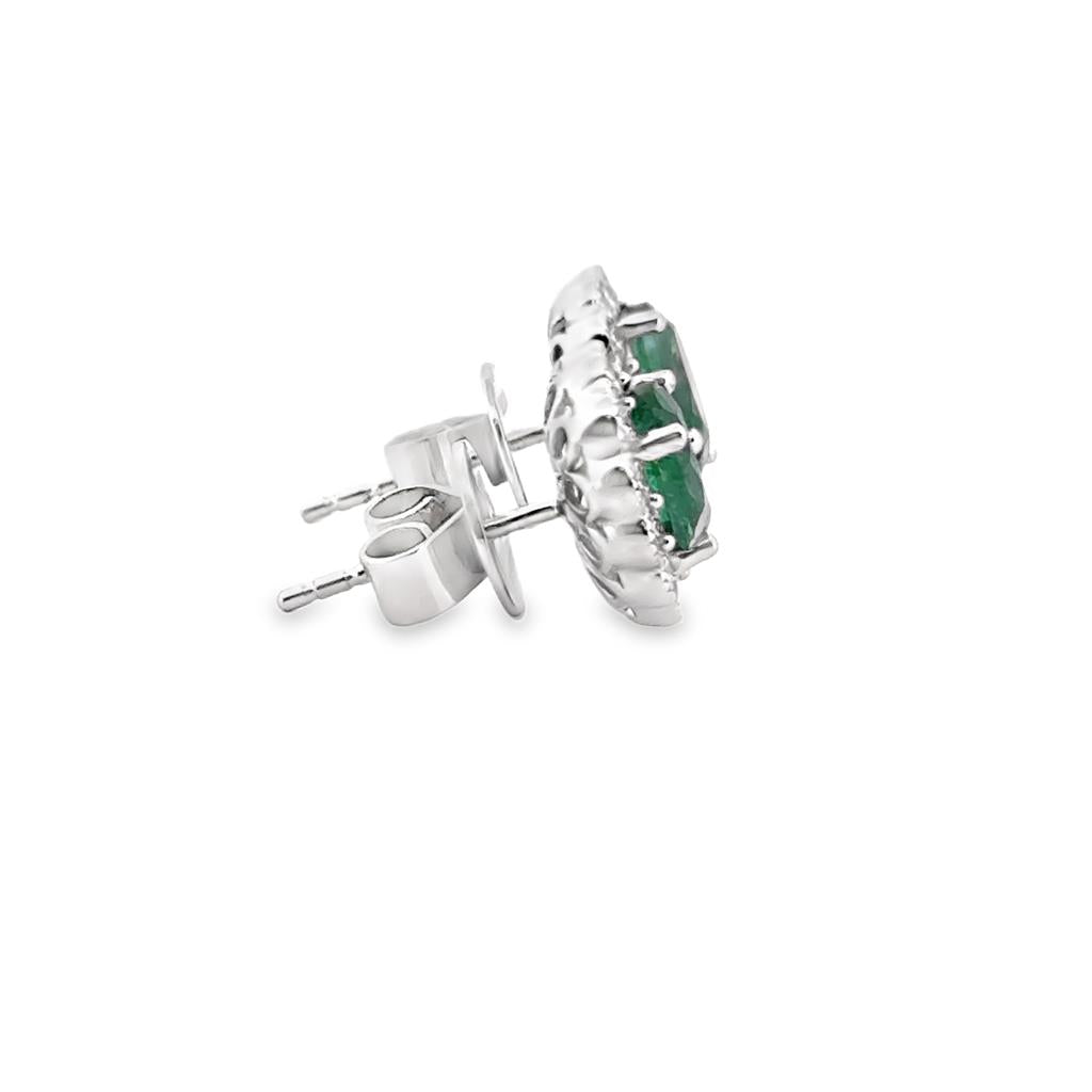 2.12 CTW Oval Cut Emerald 18K White Gold Stud Earrings with Diamond Halo