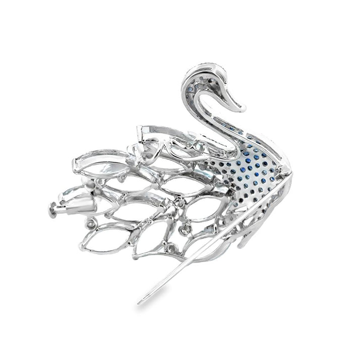 13.75 CTW Aquamarine Swan Brooch with Sapphires and Diamonds – 18K White Gold