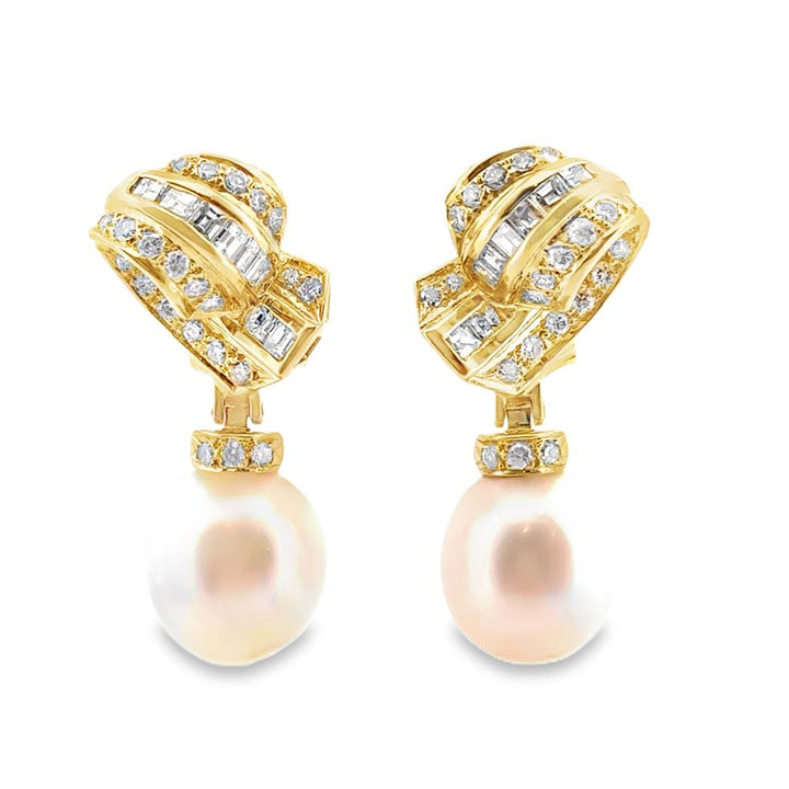 18K Yellow Gold Tahitian South Sea Pearl Drop Earrings with Diamonds