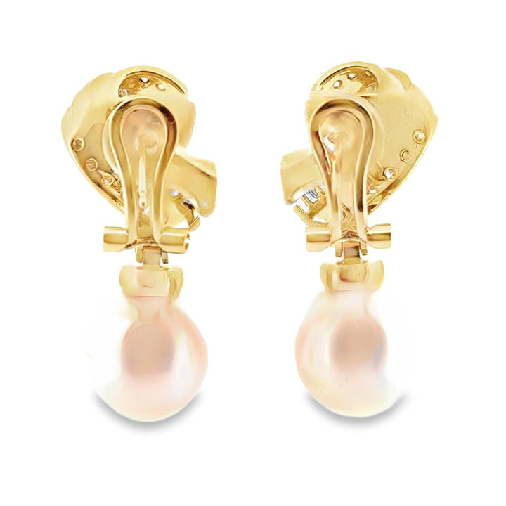 18K Yellow Gold Tahitian South Sea Pearl Drop Earrings with Diamonds