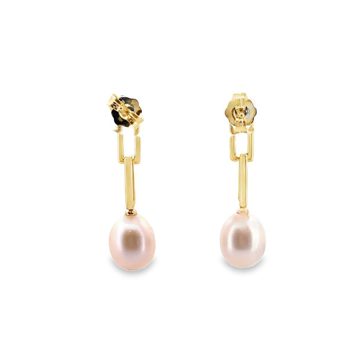 Pink Pearl Drop Earrings in 14K Yellow Gold