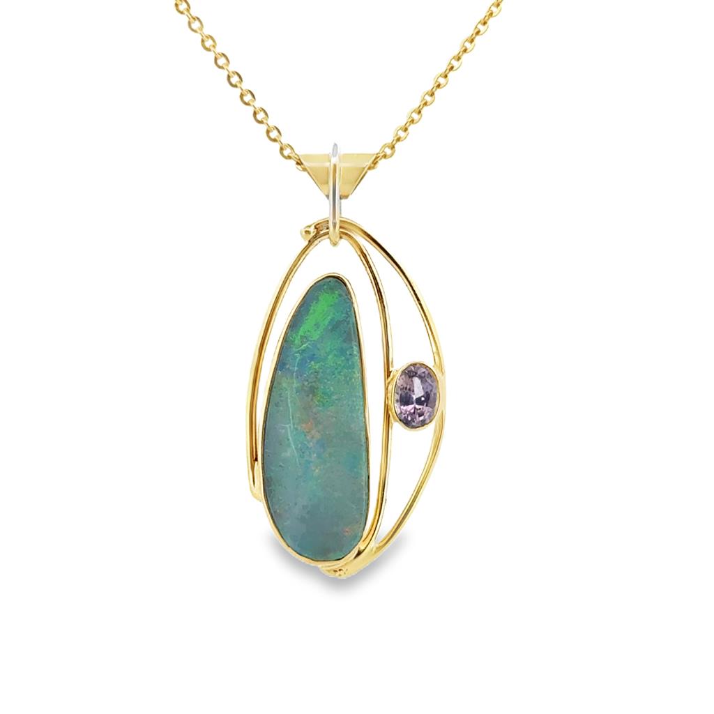 Opal & Amethyst Pendant Necklace 14K Yellow Gold