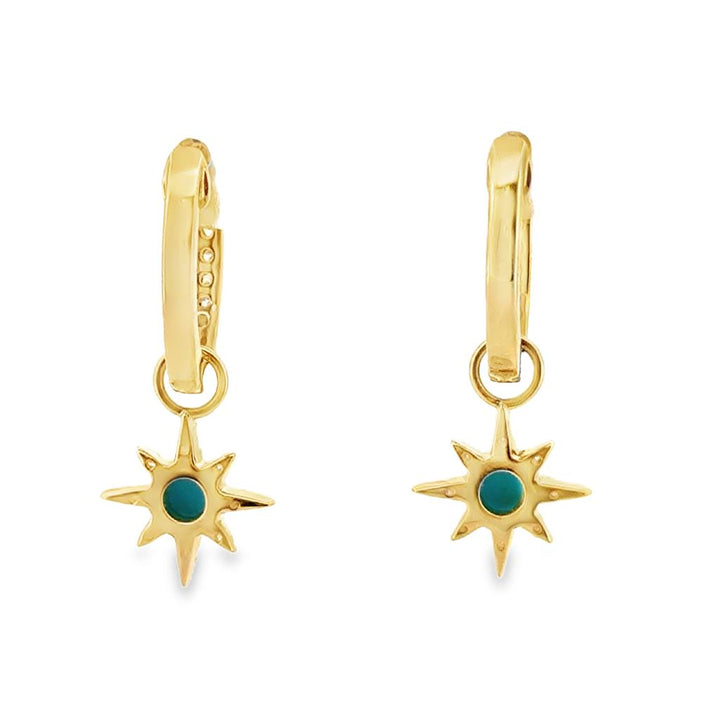 14K Yellow Gold Turquoise Sunburst Charm Huggie Earrings with Diamonds