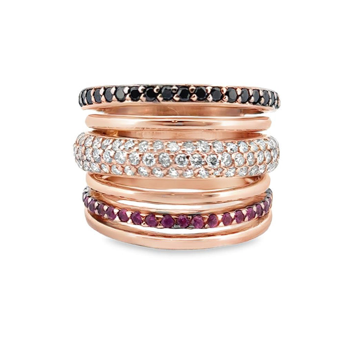 18K Rose Gold Wide Band Ring with White Diamonds, Black Diamonds, and Pink Sapphires, 17mm Wide