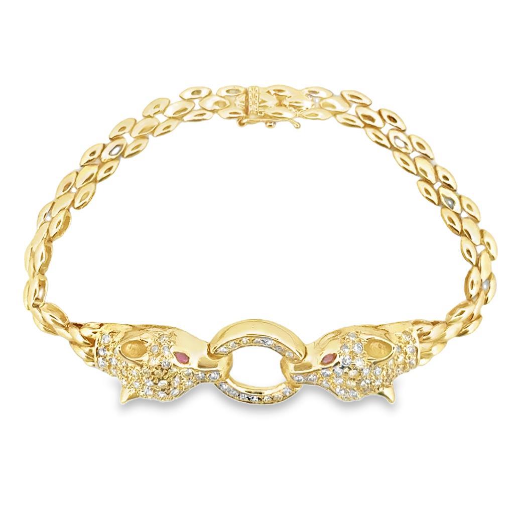 0.74 CTW Diamond Cougar Bracelet with Ruby Eyes – 14K Yellow Gold, 7 1/4"