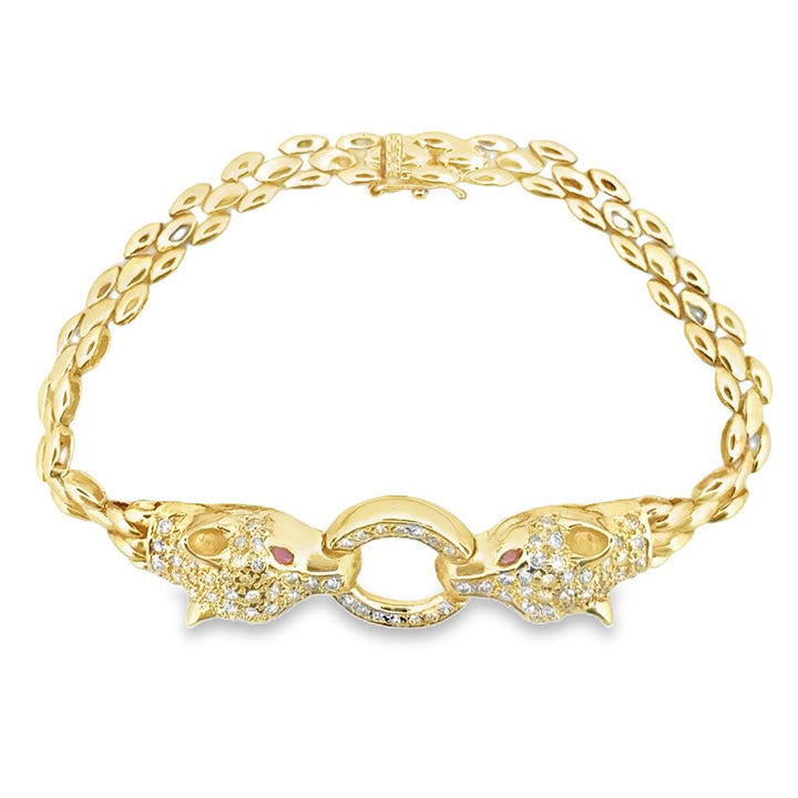 0.74 CTW Diamond Cougar Bracelet with Ruby Eyes – 14K Yellow Gold, 7 1/4"